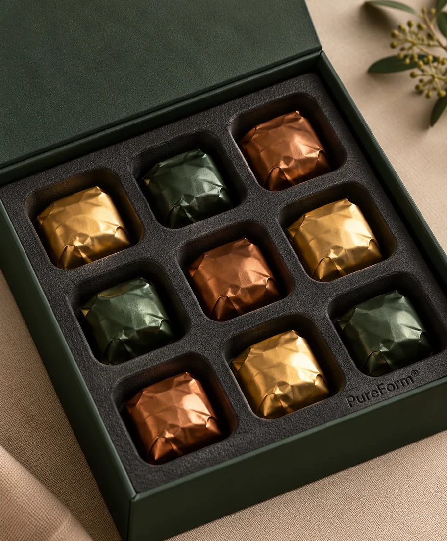 Calage thermoformé PureForm® noir sur mesure pour chocolats et produits d'épicerie fine